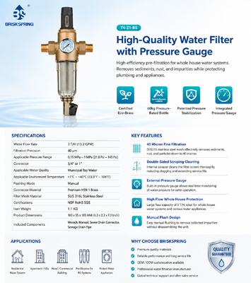 BriskSpring filtro per acqua a scarico manuale per tutta la casa con manometro integrato a maglia in acciaio inossidabile da 40 micron e connettore in ottone premium H59-1