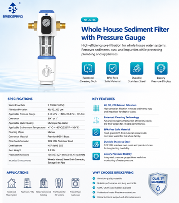 BriskSpring N1-2C-BS Prefiltro per sedimenti per tutta la casa con filtrazione a 40 micron e maglia in acciaio inossidabile SUS316L